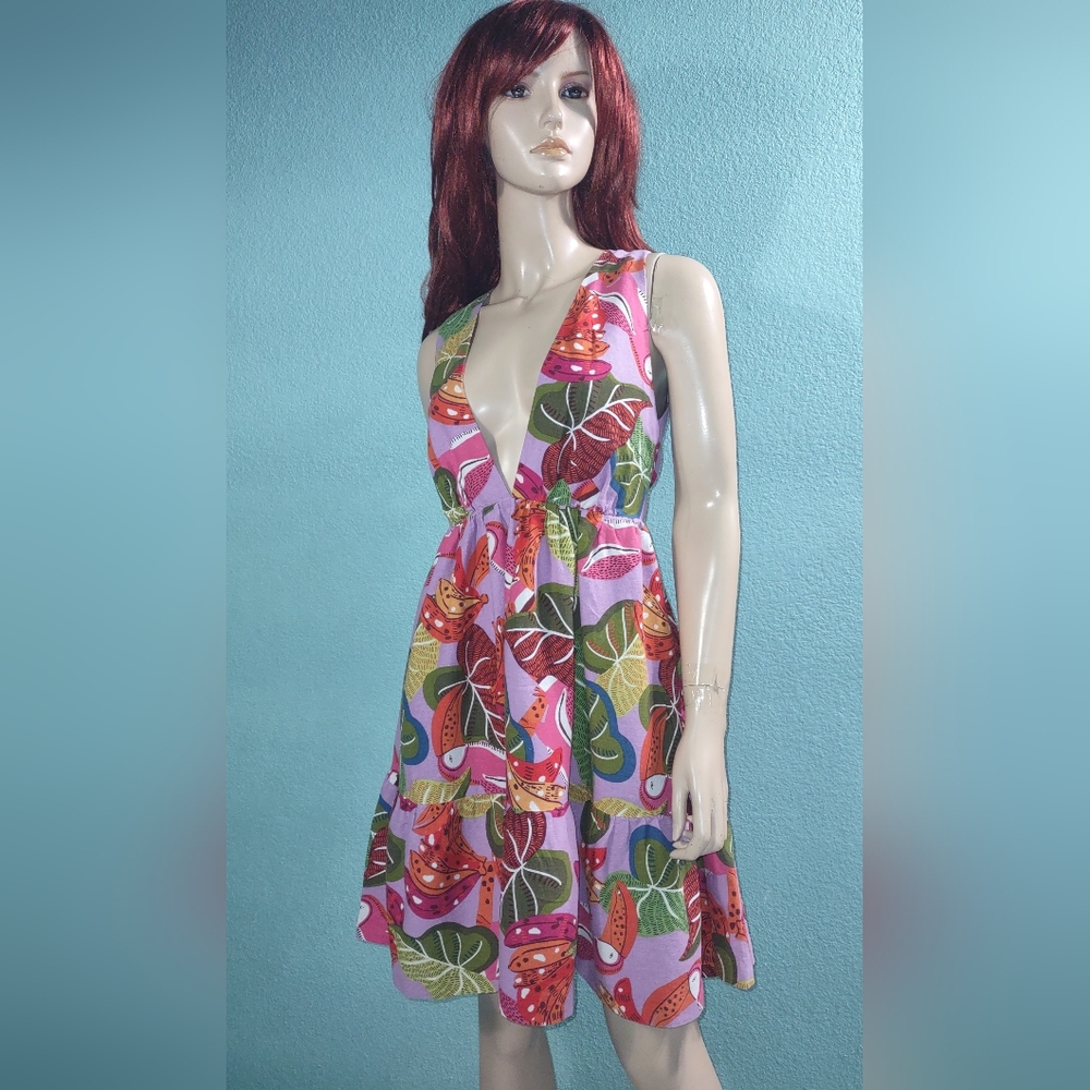 House of Harlow 1960 Deep Plunge Linen Blend Tropical Print Dress Sz S Back Tie